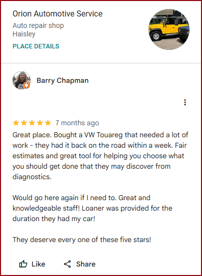 Orion Automotive Services VW Review